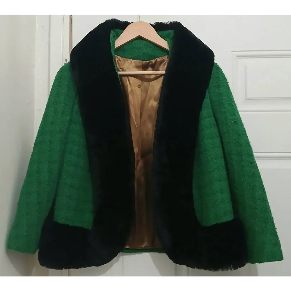 Vintage Hayward Schuster womens medium 70's fur  blazer wool kelly green black